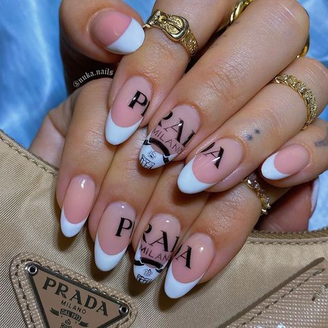 NUKA NAILS on Instagram: “❤️❤️Hand painted by the queen of the designer logos ❤️❤️ NUKA girl @anouskaanastasia ❤️❤️ using @the_gelbottle_inc ❤️❤️ #NUKA #NUKAstudio…” Prada Nails, Short Pink Nails, Matte Pink Nails, White Coffin Nails, Pink Nail Colors, Designer Logos, Cute Pink Nails, On A Break, Graduation Nails