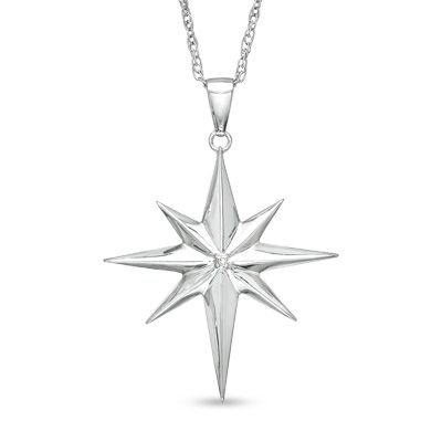 Precious Moments® Diamond Accent North Star Pendant in Sterling Silver Pendant Necklace Outfit, North Star Pendant, Necklaces Heart, Indian Diamond Jewellery, Silver Necklace Designs, Nameplate Necklace Silver, Zales Jewelry, Northern Star, Earrings Outfit