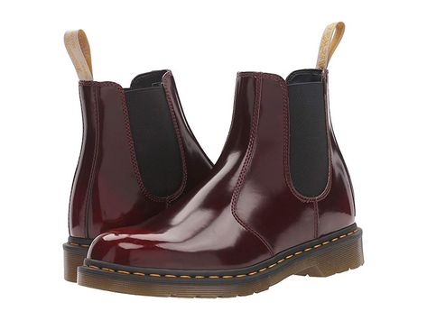 Dr. Martens 2976 Vegan Chelsea Boot (Cherry Red Cambridge Brush) Lace-up Boots. This Dr. Martens 2976 Vegan Chelsea Boot updates this classic style with a modern construction for a timeless appeal. Vegan-friendly slip-on Chelsea boot. Soft  supple synthetic upper with a subtle two-tone finish. Side elastic gusset for easy on and off and a comfortable fit. Back heel loop. Soft textile lining for added comfort. Lightly cushioned #Dr.Martens #Shoes #Boot #CasualLaceup #Tan Two Tone Boots, 2976 Chelsea Boots, Beatle Boots, Dr Martens 2976, Slip Resistant Shoes, Botas Chelsea, Vegan Boots, Genuine Leather Boots, Dr Martens Boots