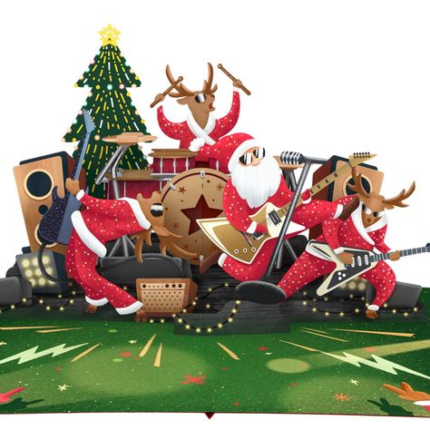 Celebrate the holiday season with a rock 'n' roll twist! This unique pop-up card features a jolly Santa and his reindeer rocking out on stage, complete with guitars, drums, and festive cheer. Perfect for music lovers, this 3D card adds a fun and lively touch to any Christmas greeting. The vibrant design and intricate details make it a keepsake that will be cherished for years to come. Whether you're gifting it to a friend, family member, or a fellow music enthusiast, this card is sure to bring a 3d Christmas Cards, Pop Up Greeting Cards, Unique Holiday Cards, Xmas Theme, Santa And His Reindeer, Christmas Pops, Christmas Rock, Santa Reindeer, Jolly Santa