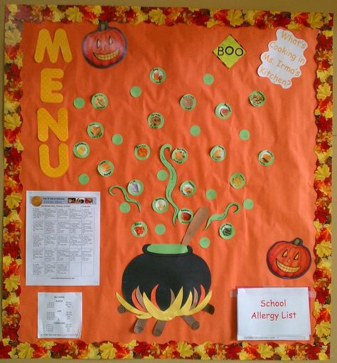 Cafeteria Halloween Bulletin Board Idea School Cafeteria Decorations, Cafeteria Bulletin Boards, Cafeteria Decor, School Lunchroom, Halloween Bulletin Boards, Nutrition Logo, School Nutrition, Preschool Bulletin Boards, Sport Nutrition