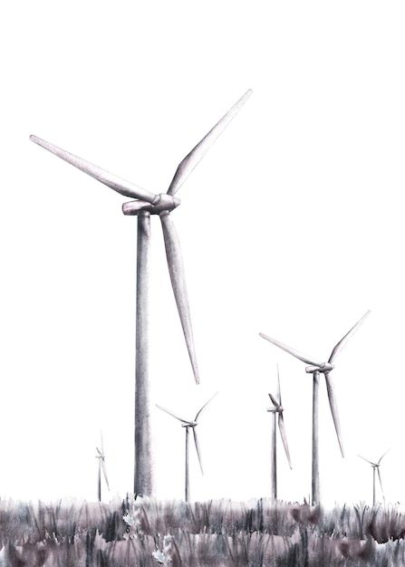 Premium Photo | Windmills wind turbine park on grass field landscape Watercolor monochromatic painted illustration Wind Turbine Drawing, Wind Mill Drawing, Wind Turbines Art, Windmill Drawing, Windmill Generator, Windmill Images, Wind Drawing, Field Landscape, Painted Illustration