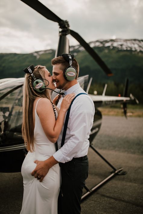 Helicopter Engagement Photos, Pilot Wedding Ideas, Airplane Elopement, Pilot Photoshoot, Plane Photoshoot, Alaskan Elopement, Airport Couple, Helicopter Wedding, Eloped Wedding