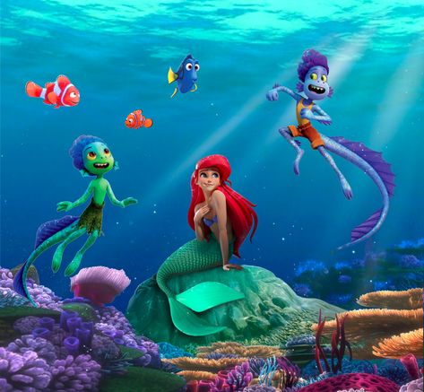 A cross over of different disney sea creatures. Disney Sea Characters, Lucas Fanart, Luca Fanart, Procreate Artwork, Disney Fairies Pixie Hollow, Comfort Movie, Cartoon City, Fanfic Ideas, Frozen Wallpaper