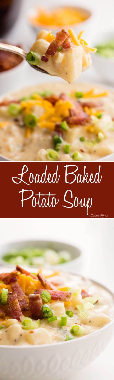 one pot loaded baked potato soup - creamy, rich and filling - the perfect comfort food Loaded Baked Potato Soup Recipe, Chihuahua Sweater, Baked Potato Soup Recipe, Weight Watcher Desserts, Winter Entertaining, Loaded Potato Soup, Loaded Baked Potato Soup, Loaded Baked Potato, Pasta Fagioli