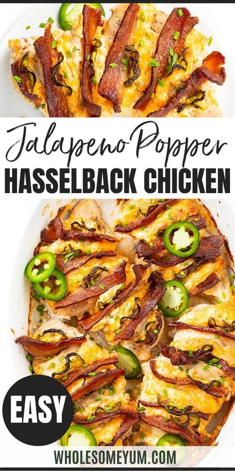 Keto Jalapeno Popper Hasselback Chicken Recipe - Bring big flavor to dinner with 5-INGREDIENT keto jalapeno popper chicken breast! It's an easy baked jalapeno popper hasselback chicken recipe with layers of bacon, cheddar, cream cheese, and jalapenos. #wholesomeyum #keto #lowcarb #dinner #chickenrecipe #ketodinner Keto Jalapeno Popper Chicken, Chicken Jalapeno, Keto Jalapeno, Hasselback Chicken, Popper Chicken, Jalapeno Popper Chicken, Wholesome Yum, Jalapeno Chicken, Tasty Meals