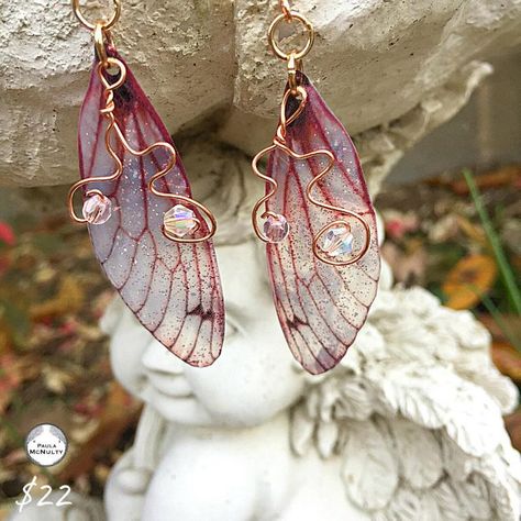 Fairy Wing Earrings Butterfly Wing Earrings Pink Cicada Wing | Etsy Pink Fairy Wings, Elven Fairy, Kei Jewelry, Fairy Wing Earrings, Grunge Earrings, Fantasy Pendant, Holographic Gold, Cosplay Jewelry, Butterfly Wing Earrings