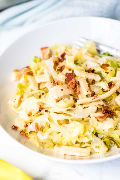 Cabbage and Noodles is a traditional Hungarian dish that is called Haluski. It's made with simple pantry ingredients that come together to make a comforting and easy dinner in just minutes. Tender, sweet cabbage that is sauteed in bacon grease. The combination of cabbage, bacon, Reames egg noodles and butter is a meal the entire family will love! #cabbage #noodles Sweet Cabbage, Cabbage Noodles, Cabbage Recipes Healthy, Easy Baked Pork Chops, Cabbage And Noodles, Homemade Egg Noodles, Breakfast Enchiladas, Chicken Noodle Casserole, Simple Pantry