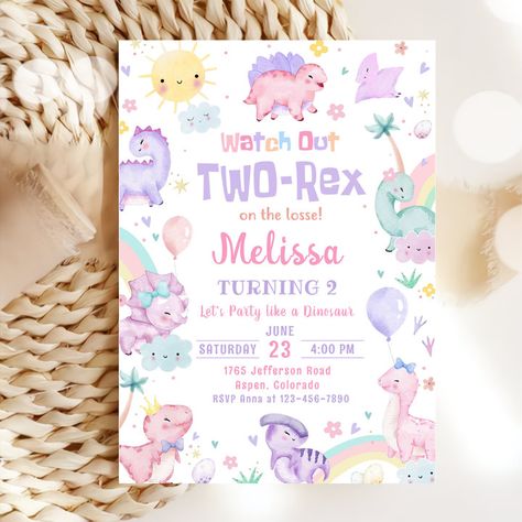 Dinosaur 2nd Birthday Party, Dinosaur 2nd Birthday Party Invitations, 3 Rex Invitation, Dinosaur 2nd Birthday, 2nd Birthday Dinosaur Invitation, Two Rex Invitation, Pink Dinosaur Party Zazzle, Three Rex Birthday, Dinosaur 1st Birthday