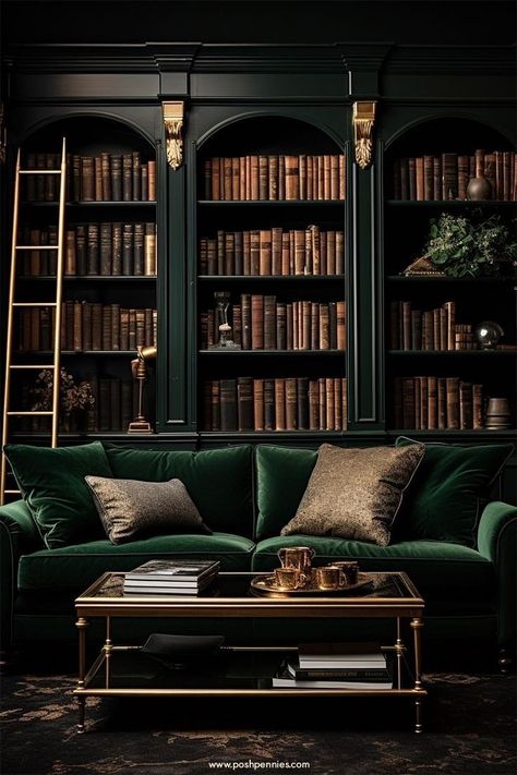 Lux Office, Moody Dark Academia, Dark Academia Interior, Dark Academia Home, Dark Green Living Room, Dark Academia Room, Academia Room, Home Library Rooms, Apartment Vibes