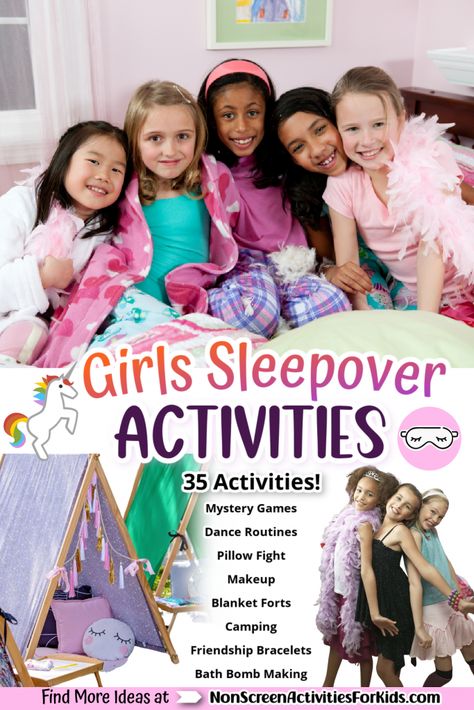 girls sleepover activities pin Pretend Sleepover Birthday Party, Sleepunder Ideas, Sleep Over Ideas For Girls Kids, Girls Sleepover Activities, Kids Sleepover Activities, Slumber Party Crafts, Slumber Party Activities, Afternoon Activities, Girls Sleepover Party