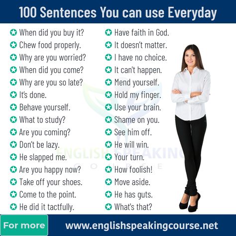 100 English Sentences for Regular Use - Speaking Online English Speaking Course, English Word Meaning, English Conversation Learning, English Speaking Course, Basic English Sentences, English Vinglish, Proper English, Study English Language, Grammar For Kids