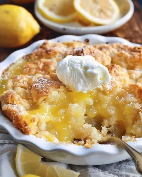 Mama's Recipes � | Magic Lemon Cobbler | Facebook Magic Lemon Cobbler Recipe, Lemon Cobbler Recipes, Cobbler Easy, Decadent Chocolate Desserts, Mama Recipe, Magic Recipe, Sweet Delights, Cobbler Recipes, No Bake Treats