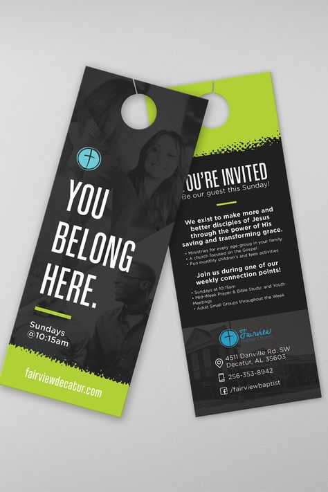 Welcome Gifts For Church, Become A Member Design, Church Door Hangers, Door Hanger Design Marketing, Door Hanger Design Ideas, Church Brochure Design, Church Invite Cards, Church Marketing Ideas, Church Lobby Design