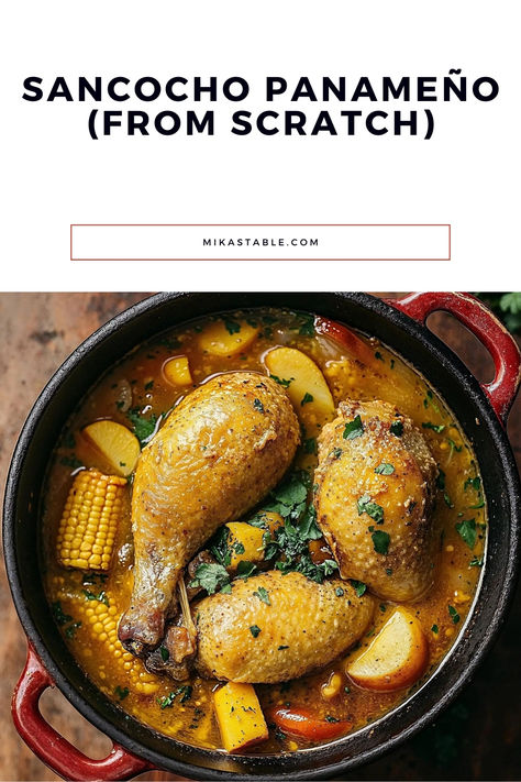 Close-up of a large bowl filled with Sancocho Panameño in a rich, savory broth. The soup features chunks of chicken, yuca, ñame, and corn, garnished with fresh cilantro. The bowl is set on a rustic wooden table with a spoon resting beside it, and a few fresh herbs and a piece of crusty bread are visible in the background. The vibrant colors and hearty ingredients highlight the dish’s comforting nature. Sancocho Panamanian, Panamanian Recipes, Sancocho Recipe, Guyanese Food, Panamanian Food, Seafood Soups, Haitian Recipes, Caribbean Chicken, Corn Dishes