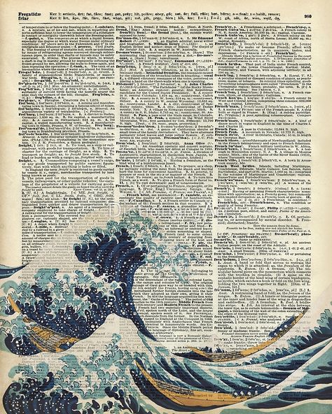 Dictionary Art - The Great Wave off Kanagawa, Sea, Waves by DictionaryArt Botanisk Illustration, Visuell Identitet, Wallpaper Seni, Newspaper Art, طابع بريدي, Book Page Art, The Great Wave, Great Wave Off Kanagawa, Dictionary Art