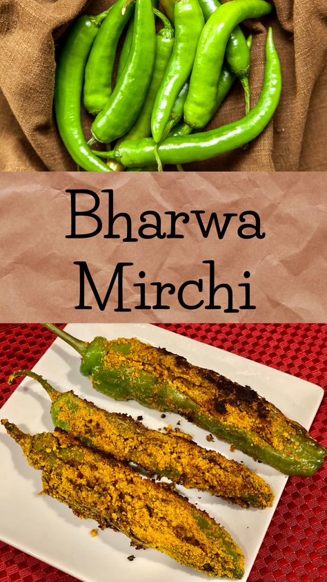 Bharwa Mirchi is a simple, quick, and easy side dish of pan-fried green chilies stuffed with chickpeas flour and spices. Typically we serve green chili fry with a simple meal like Dal-rice, Sambar-rice, Khichdi. Chili Fries, Indian Veg Recipes, Chickpea Flour, Green Chilies, Frying Pan, Veg Recipes, Side Dishes Easy, Asparagus, Chili