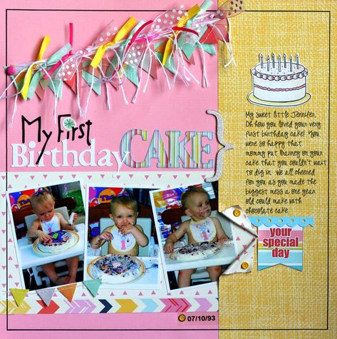 My First Birthday Cake - #2 - Scrapbook.com Birthday Scrapbook Layouts, Birthday Scrapbook Pages, Scrap Paper Crafts, My First Birthday, Scrapbook Design Layout, Scrapbook Pictures, Baby Scrapbook Pages, Scrapbooking Layouts Baby