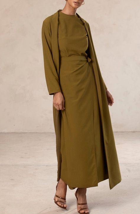 Abaya Brown, Hijab Store, Modest Maxi Dress, Olive Skirt, Modest Maxi, Open Abaya, Maxi Dresses For Women, Overlay Skirt, Duster Jacket