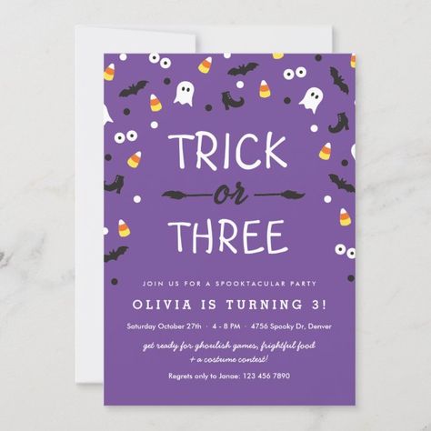 Trick or Three Halloween 3rd Birthday Invitation  - tap to personalize and get yours  #party, #girls, #kids, #fun, #trick Halloween Party Invitations For Kids, First Birthday Halloween, Kids Halloween Birthday Party, Birthday Party Purple, Kids Halloween Party Ideas, Halloween Invitations Kids, 3rd Birthday Invitation, Cute Halloween Party, Halloween Birthday Party Invitations