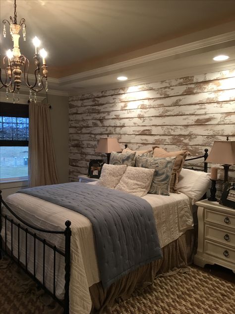 Love this distressed wood accent wall in the master bedroom Wood Accent Wall Bedroom, Wood Bedroom Furniture, House Details, Wood Accent Wall, Bedroom Accent, Accent Wall Bedroom, Wood Accent, Farmhouse Bedroom Decor, Wood Bedroom