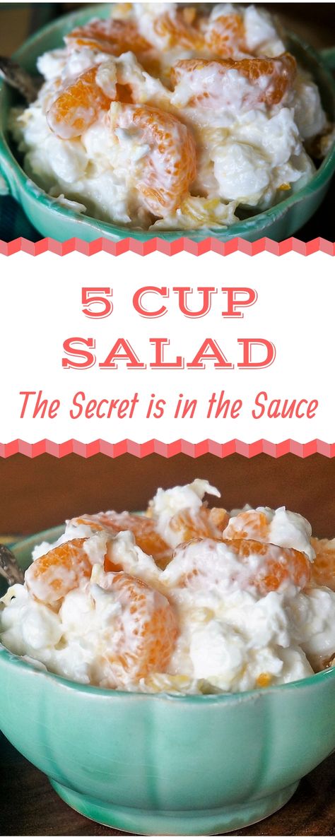 5 Cup Salad is a wonderful fruit salad recipe that brings lots of great flavor and texture. It’s packed with fruit and flaked coconut, but the secret is in the creamy sauce. It adds the perfect tang to complement this sweet salad. | 5 Cup Ambrosia Salad | with crushed pineapple | with mandarin oranges | with sour cream | with mini marshmallows | with colored marshmallows | FIve Cup Salad | #fruit #salad #fruitsalad #sidedishes 5 Cup Fruit Salad, Five Cup Salad, 5 Cup Salad, Stovetop Appetizers, Dessert Salad Recipes, Sweet Salad, Mandarin Orange Salad, Fluff Salad Recipes, Jello Salads