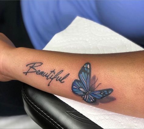 Discovered by Javeigh 🦋. Find images and videos on We Heart It - the app to get lost in what you love. Light Blue Butterfly, Butterfly Tattoo Ideas, Blue Butterfly Tattoo, Side Wrist Tattoos, Favorite Tattoos, Hand Tattoos For Girls, Cute Hand Tattoos, Pretty Hand Tattoos, Snakebites