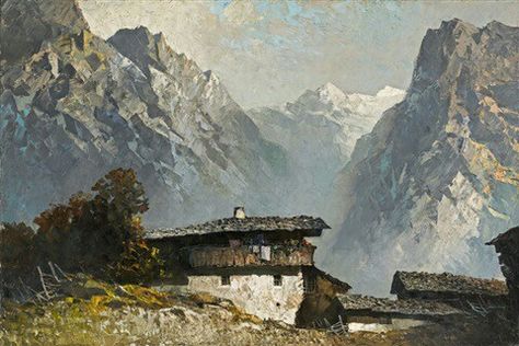 In the Mountainside,1935-39, Oskar Mulley Old Oil Paintings, 수채화 그림, Fantasy Art Landscapes, Mountain Paintings, Traditional Paintings, Gouache Painting, Oil Painting Landscape, Fantasy Landscape, Mountain Landscape