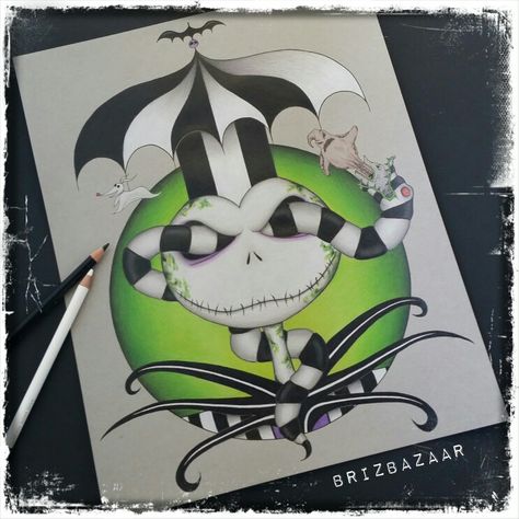 "BeetleJack" by Brandi Young, instagram brizbazaar.  A character mashup of Jack Skellington and Beetlejuice. Characters Zero, and Oogie Boogie (from The Nightmare Before Christmas) seen with the Sandworm monster (from Beetlejuice). Tim Burton. Halloween. Costume. Drawing. Colored pencils. Prismacolor Premier. Faber-Castell Polychromos. Black and White stripes. Lime green. Purple. Skull. Carousel. Tux. Art. Fan art Beetlejuice Characters Art, Beetlejuice Drawing Ideas, Beetlejuice Sandworm Drawing, Beetlejuice Painting Canvas, Beetlejuice Drawing Easy, Tim Burton Painting Ideas, Tim Burton Drawings Easy, Beetlejuice Drawings, Beetlejuice Pumpkin Painting