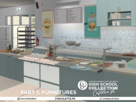 The Sims Resource - Patreon release - High school Cafeteria set part 1 Sims 4 High School, High School Cafeteria, Lotes The Sims 4, Cafeteria Tray, Sims 4 Cas Mods, Library Chair, School Cafeteria, High School Years, School Collection