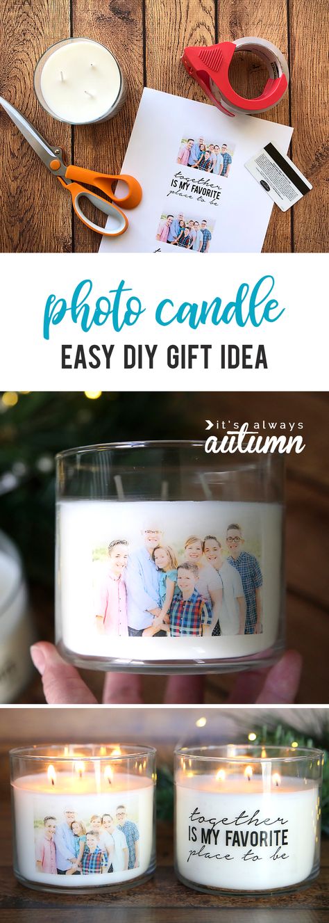 Learn how to make gorgeous personalized candles with your favorite photo on them with an easy packing tape transfer. Easy handmade gift idea only takes about 15 minutes and costs just a few bucks! Photo Candle, Mason Jar Christmas Gifts, Christmas Gift Baskets Diy, Cheap Candles, Easy Handmade Gifts, Easy Diy Christmas Gifts, Handmade Gifts Diy, Easy Handmade, Diy Christmas Gifts Cheap