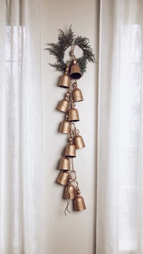 Bells Made From Glass Shades, Diy Bell Garland, Cow Bell Decor Ideas, Bell Ornaments Christmas Diy, Christmas Bells Diy, Copper Smithing, Cow Bell Decor, Diy Christmas Bells, Diy Bells