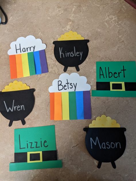 Leprechaun Ideas For Preschool, St Patrick Crafts For Toddlers, Cubby Tag Ideas, St Patricks Day Crafts For Pre K, St Patricks Day Door Decorations Daycare, Preschool St Patricks Day Art, Fall Cubby Tags, St Patricks Day Classroom Decorations, St Patricks Day Door Ideas For Classroom