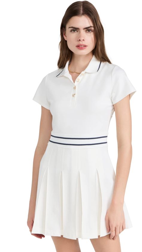 PRICES MAY VARY. Shell: 65% cotton, 30% nylon, 5% elastane Imported Button closure Wash cold Fabric: Mid-weight jersey Contrasting stripes, Collared neckline and short sleeves, Pleated skirt Partial button placket A timelessly tidy and sporty dress for off-duty summer days, this white mini from Varley features touches of dark contrast trim and inverted pleats at the skirt. Varley Leggings, Snow Dress, Box Pleat Skirt, Sporty Dress, Golf Dresses, Activewear Brands, Long Torso, Tennis Dress, Pleated Mini Skirt