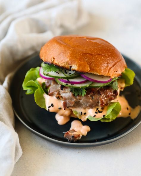 Tuna Burgers Thai Style — FEED THE SWIMMERS Cottage Cheese Fruit, Asian Chili Sauce, Thai Flavors, Quick Pickles, The Swimmers, Tuna Burgers, Tuna Steak, Recipes Savory, Fresh Tuna