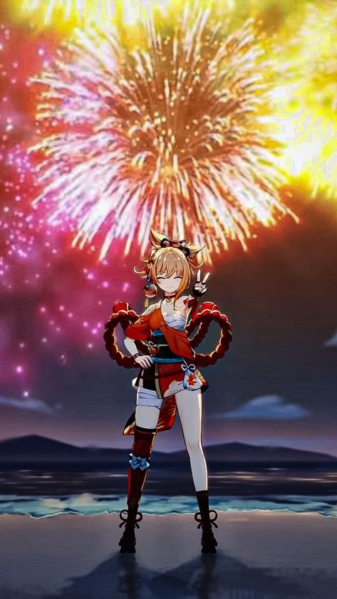 Yoimiya doing the victory pose with fireworks in the background Yoimiya Wallpaper, Attack On Titan Jean, Fireworks Background, Beautiful Goddess, Cool Wallpapers Art, Cute Anime Wallpaper, Mobile Wallpaper, Cool Wallpaper, Attack On Titan