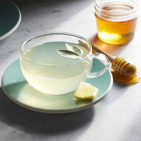 Sage Tea Recipe - EatingWell Sage Tea Recipe, Healthy Tonics, Throat Tea, Homemade Liquors, Ginger Lemon Tea, Hot Tea Recipes, Cream Drinks, Tea For Digestion, Sage Tea