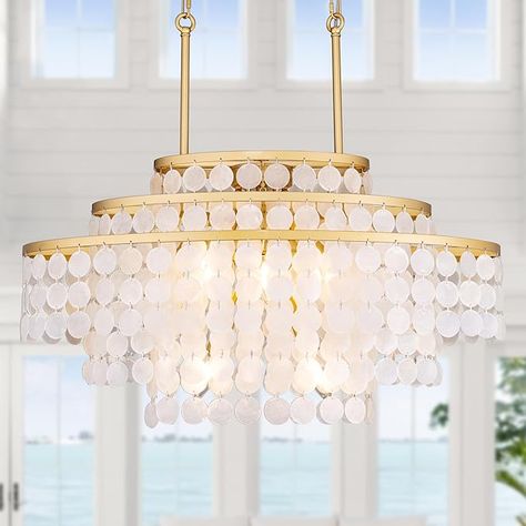 adds an elegant pop of gold with gorgeous lighting and unique style Capiz Shell Chandelier, Lighting For Dining Room, Light For Kitchen Island, Light For Kitchen, Shell Chandelier, Beach Lighting, Ceiling Light Shades, Kitchen Ceiling Lights, Capiz Shell