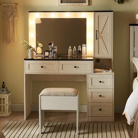 JXQTLINGMU Farmhouse Vanity Makeup Desk with Charging Station, 43" W Vanity Desk with Lights Mirror and Drawers for Makeup, Big Modern Vanity Table Set with Vanity Stool for Bedroom, White Visit the JXQTLINGMU Store 4.1 4.1 out of 5 stars 12 ratings 200+ bought in past month $299.99 Farmhouse Vanity Makeup, Make Up Vanities, Bedroom Vanity Decor, Desk With Lights, Western Room Decor, Bedroom Vanity Desk, Diy Wood Desk, Bedroom Finds, Western Bedrooms