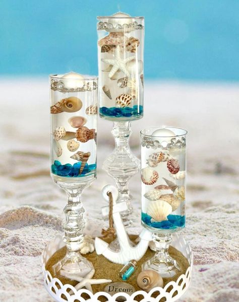 Dollar Tree Crafts Plus | Hello everyone 👋, I'd thought I share my Dollar Tree Nautical Water Bead Vases Centrepiece Dollar Tree Beach Decor Diy, Water Beads Centerpiece, Beach Theme Centerpieces, Nautical Centerpiece, Shell Centerpieces, Beach Centerpieces, Dollar Tree Vases, Vases Diy, Beach Themed Crafts