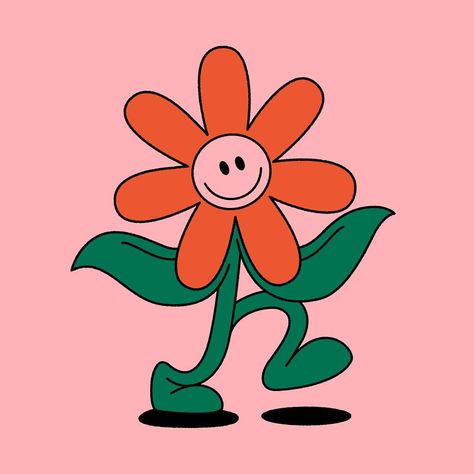 Retro Flower Character, Happy Flower Drawing, Simple Illustrator Design, Stickers Illustration Ideas, Flower Animation Illustration, Flower Character Illustration, Retro Flower Illustration, Steve Gavan, Cartoon Flowers Drawing