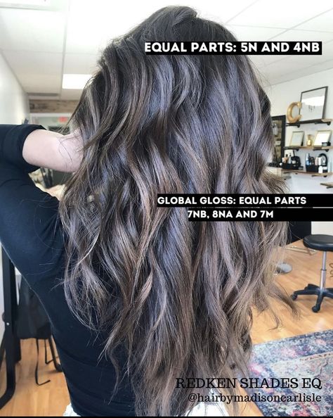 Ash Brown Balayage Shades Eq Formula, 7ag Shades Eq, Ash Brown Shades Eq Formula, Brunette Formulas, Subtle Balayage Brunette, Redken Shade, Blonde Formulas, Highlights Tutorial, Shades Formulas