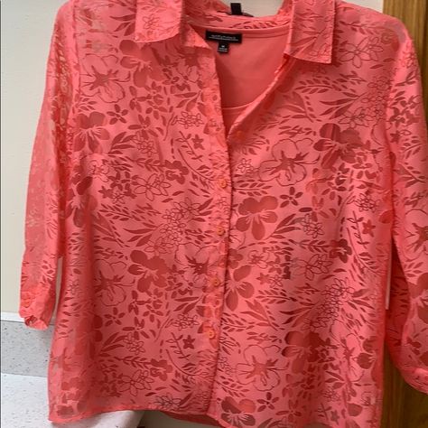 This Is A Sheer Coral Colored Blouse With A Coordinating Coral Tank Top To Wear Underneath. It Is New With Tags. Coral Tank, Coral Color, Color Orange, Orange Color, Colorful Shirts, Button Down Shirt, Coral, Tank Top, Tank Tops