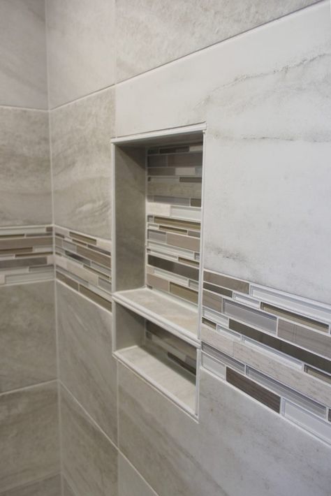 Shower Tile Ideas With Accent Strip, Tile Shower Accent Strip, Showers With Accent Tile, Shower Tile With Accent Strip, Shower Niche Placement, Large Tile Bathroom, Bathroom Niche, Niche Ideas, Modern Bathroom Tile