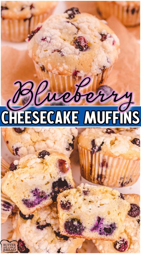 Blueberry Cheesecake Muffins are a delightful homemade breakfast packed with juicy blueberries and a yummy cream cheese filling! Our Blueberry muffins are made easy with common ingredients in minutes! Blueberry Cheesecake Cupcakes, Blueberry Cheesecake Muffins, Muffin Mix Recipe, Blueberry Cream Cheese Muffins, Blueberry Muffin Mix, Cheesecake Muffins, Best Blueberry Muffins, Muffin Tops, Berry Muffins