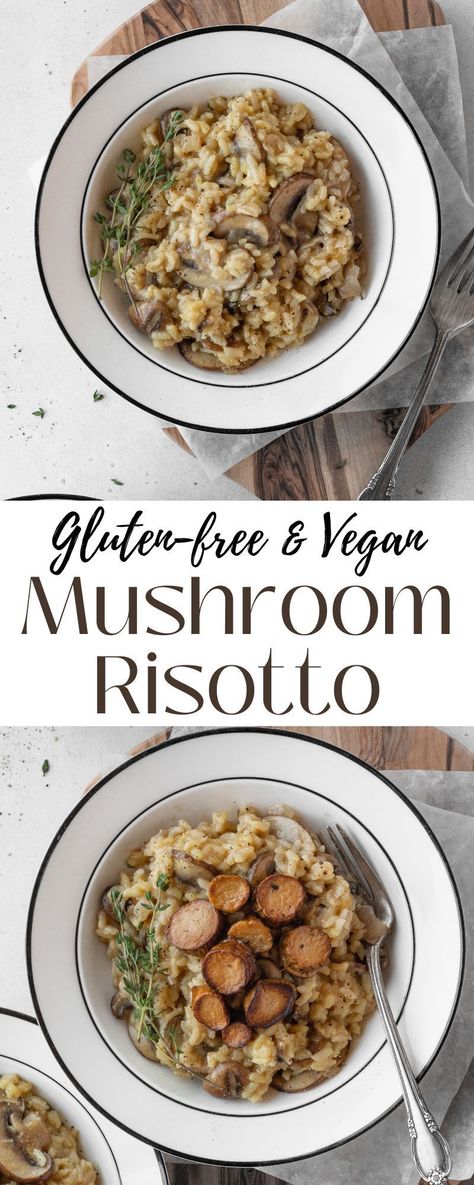 Vegan mushroom risotto is super creamy and full of flavor! This dairy free risotto is topped with delicious seared vegan scallops. #risotto #mushroomrisotto #vegansidedish #holidaysidedish Risotto Recipes Non Dairy, Gf Df Risotto, Gluten Free Mushroom Risotto, Dairy Free Mushroom Risotto, Rissoto Recipes Dairy Free, Gluten Free Risotto, Oyster Mushroom Risotto, Gluten Free Risotto Recipes, Dairy Free Risotto Recipes