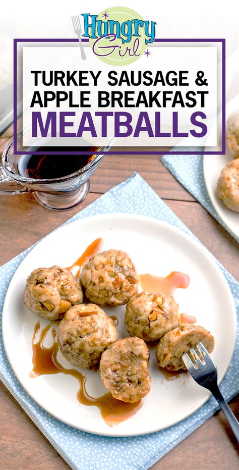 Turkey Sausage & Apple Breakfast Meatballs + More Healthy Make-Ahead Breakfast Recipes | Hungry Girl Diy Turkey Sausage, Dash Breakfast, Turkey Sausage Meatballs, Breakfast Meatballs, Bariatric Breakfast, Healthy Make Ahead Breakfast, Diy Turkey, Baby Breakfast, Sausage Meatballs