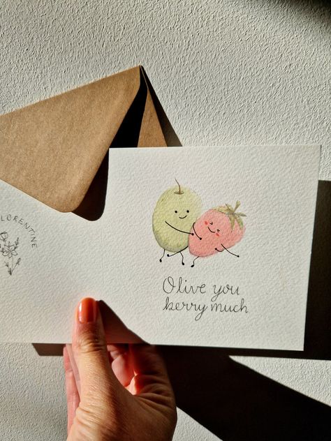 Olive You Berry Much - Valentines Day Card Romantic Anniversary Gift Foodie Strawberry Valentines Day Envelope Art, Card Ideas Anniversary, Watercolour Valentine Cards, Homemade Anniversary Cards, Diy Anniversary Cards, Punny Cards, Butterfly Birthday Cards, Romantic Anniversary Gifts, Watercolour Card