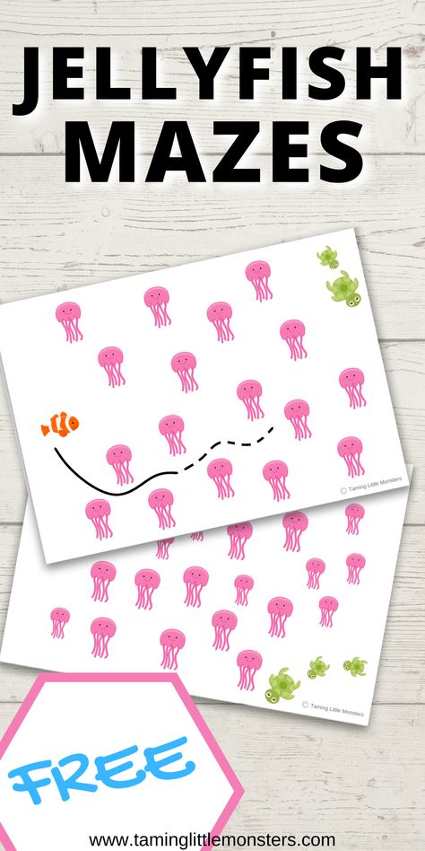 Do you love the movie Finding Nemo? Here are some jellyfish mazes for kids to practice drawing pathways and develop fine motor skills. This is a fun summer activity for preschoolers that is 100% free. Get your copy of the free printable today. #summer #finemotor #preschoolers #freeprintable Mazes Printable, Summer Activity For Kids, Preschool Ocean, Animal Adventures, Summer Preschool Activities, Fish Activities, Preschool Workbooks, Fine Motor Activity, Fine Motor Activities For Kids