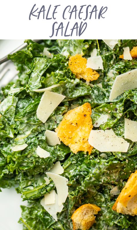 This kale Caesar salad is delicious and full of flavor. Made with a traditional Caesar dressing, easy but fresh and crunchy croutons, and shaved parmesan, it's perfect as an elegant but healthy side or main course. #salad #kale #sidedish #valentinesday Dressing Salad Recipes, Kale Cesar Salad, Easter Salad Recipes, Salad With Homemade Dressing, Caesar Salads, Kale Slaw, Dressing Salad, Kale Caesar, Kale Caesar Salad